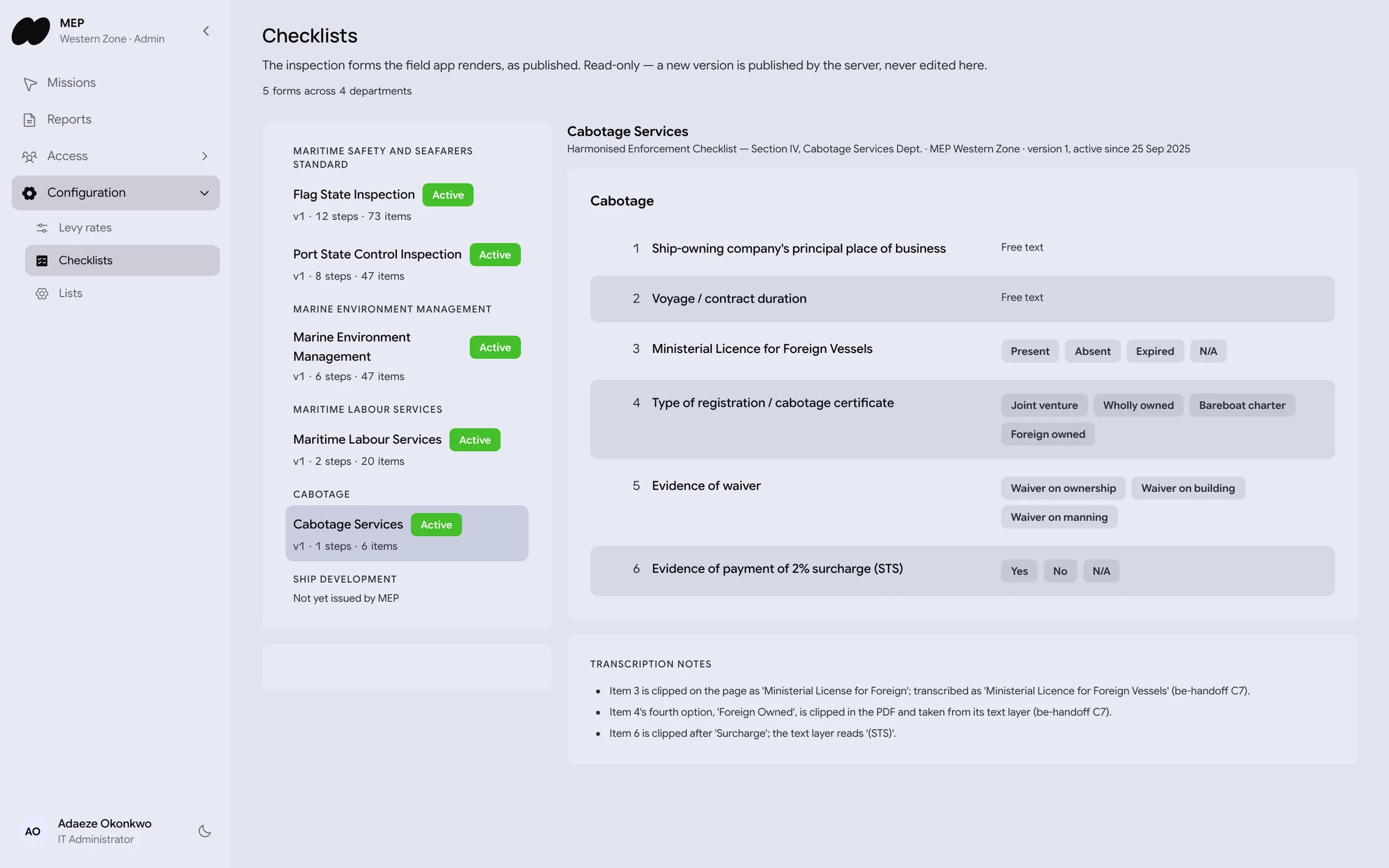 Maritime Enforcement: Department checklists